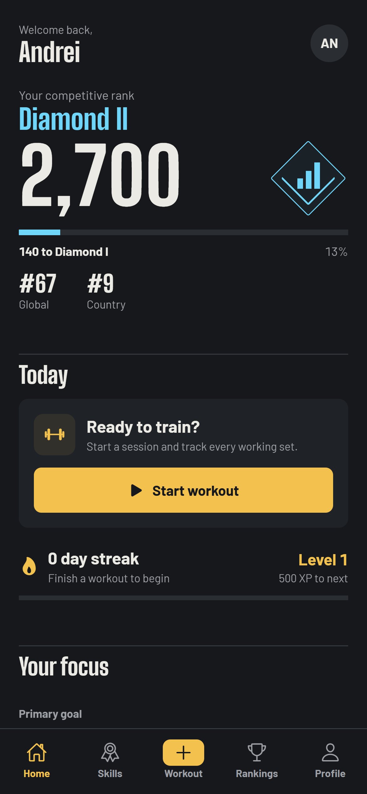 Home screen showing the rank Diamond II, a rating of 2,700 and the distance to Diamond I